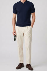 Navy Knitted Zip Polo Shirt for Men