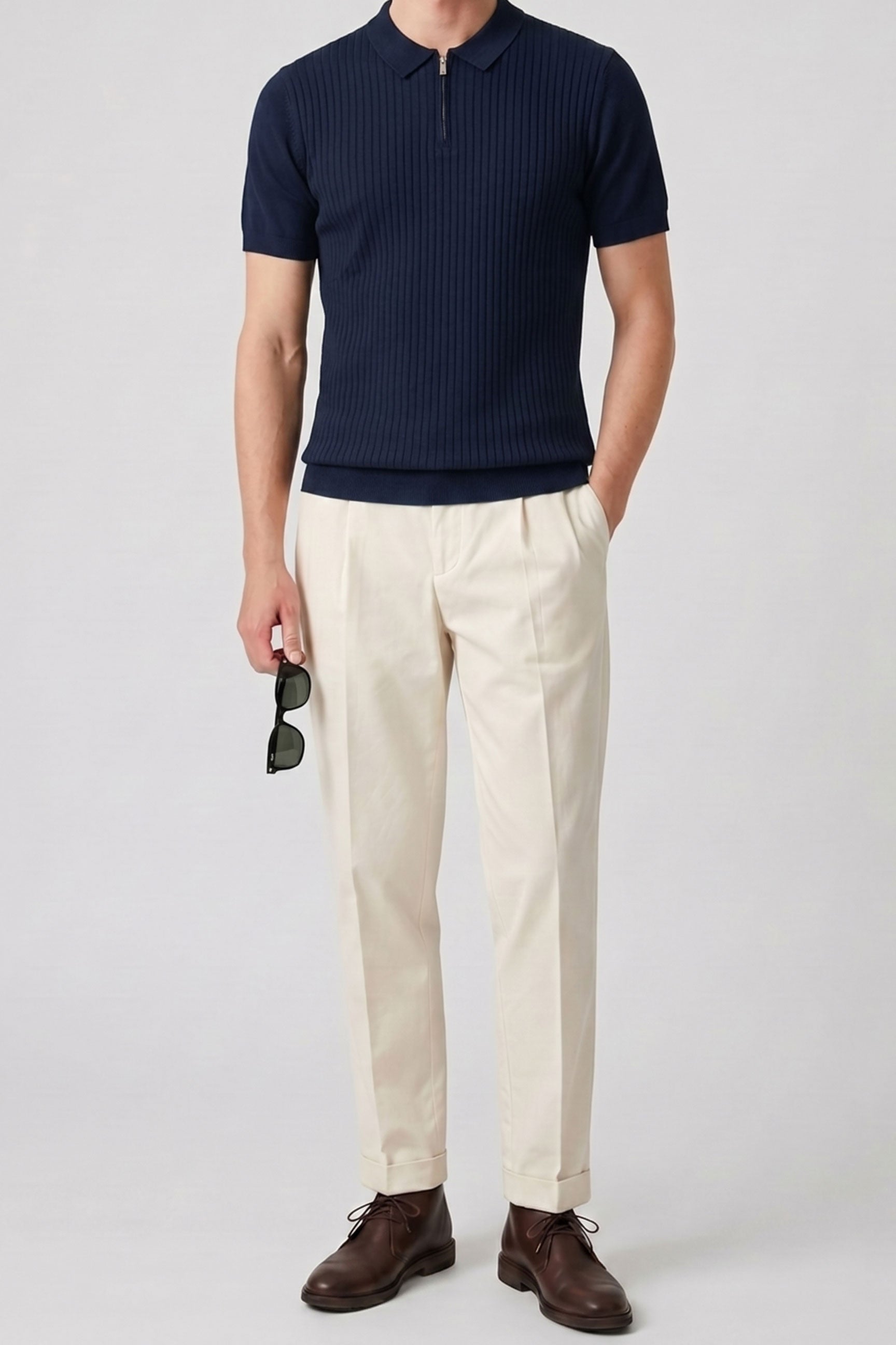 Navy Knitted Zip Polo Shirt for Men