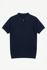 Navy Knitted Zip Polo Shirt for Men