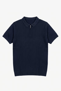 Navy Knitted Zip Polo Shirt for Men