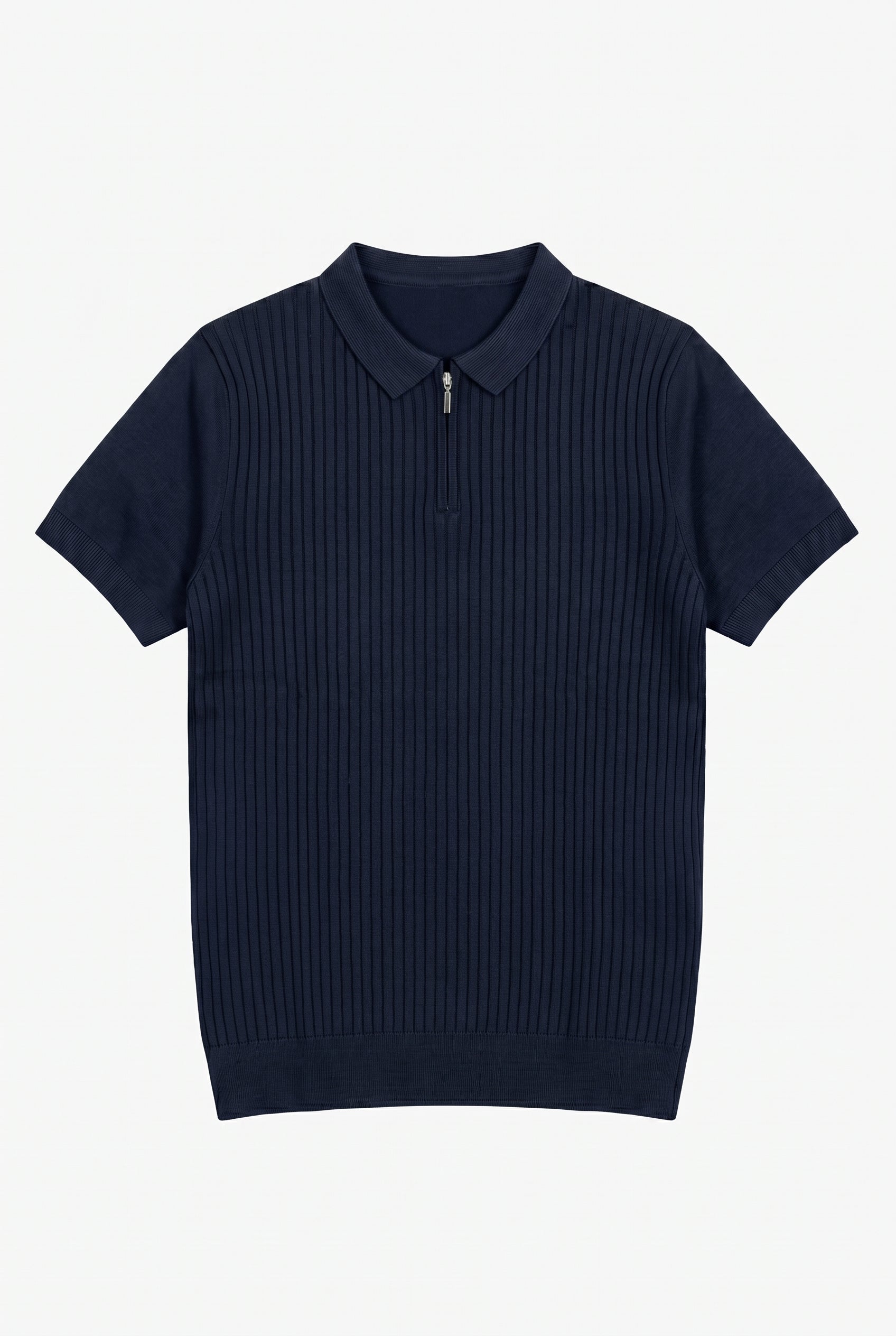 Navy Knitted Zip Polo Shirt for Men