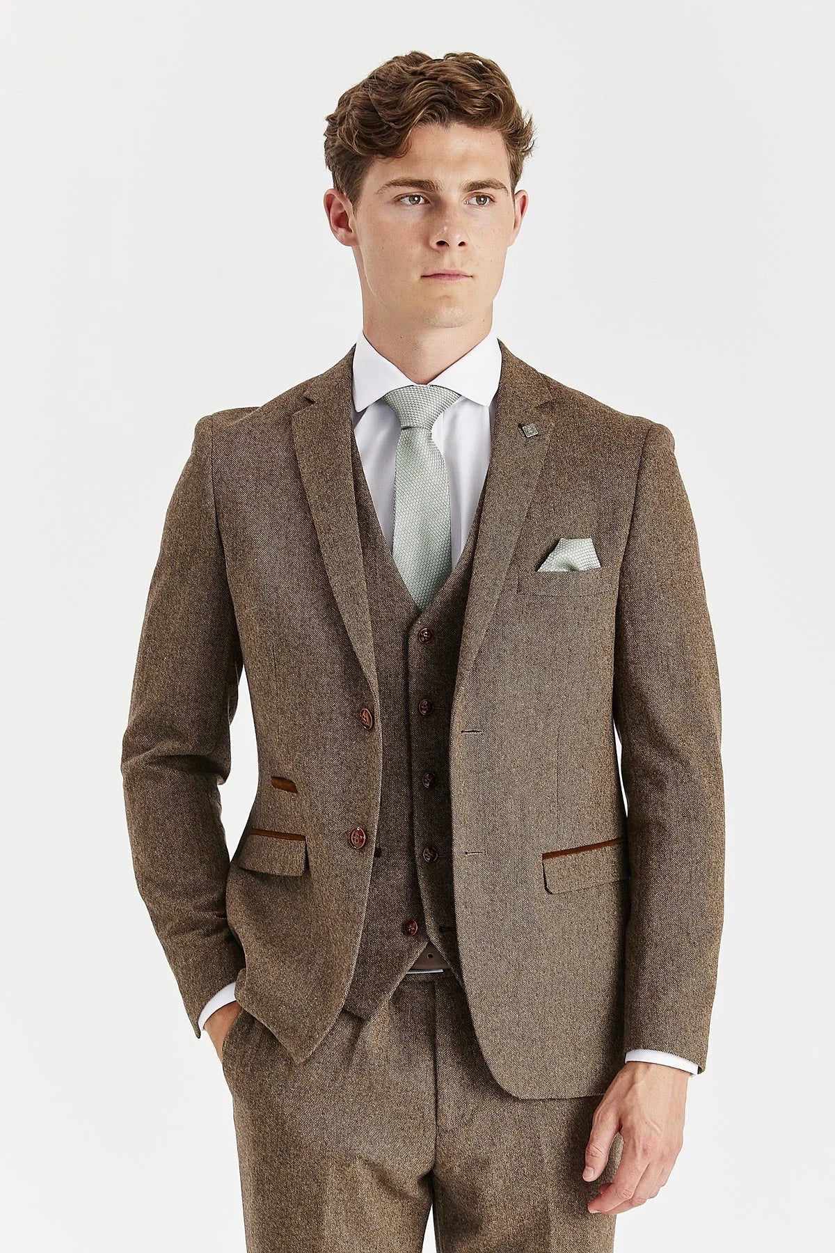 Oscar - Men's 3 Piece Brown Wool Blend Tweed Suit