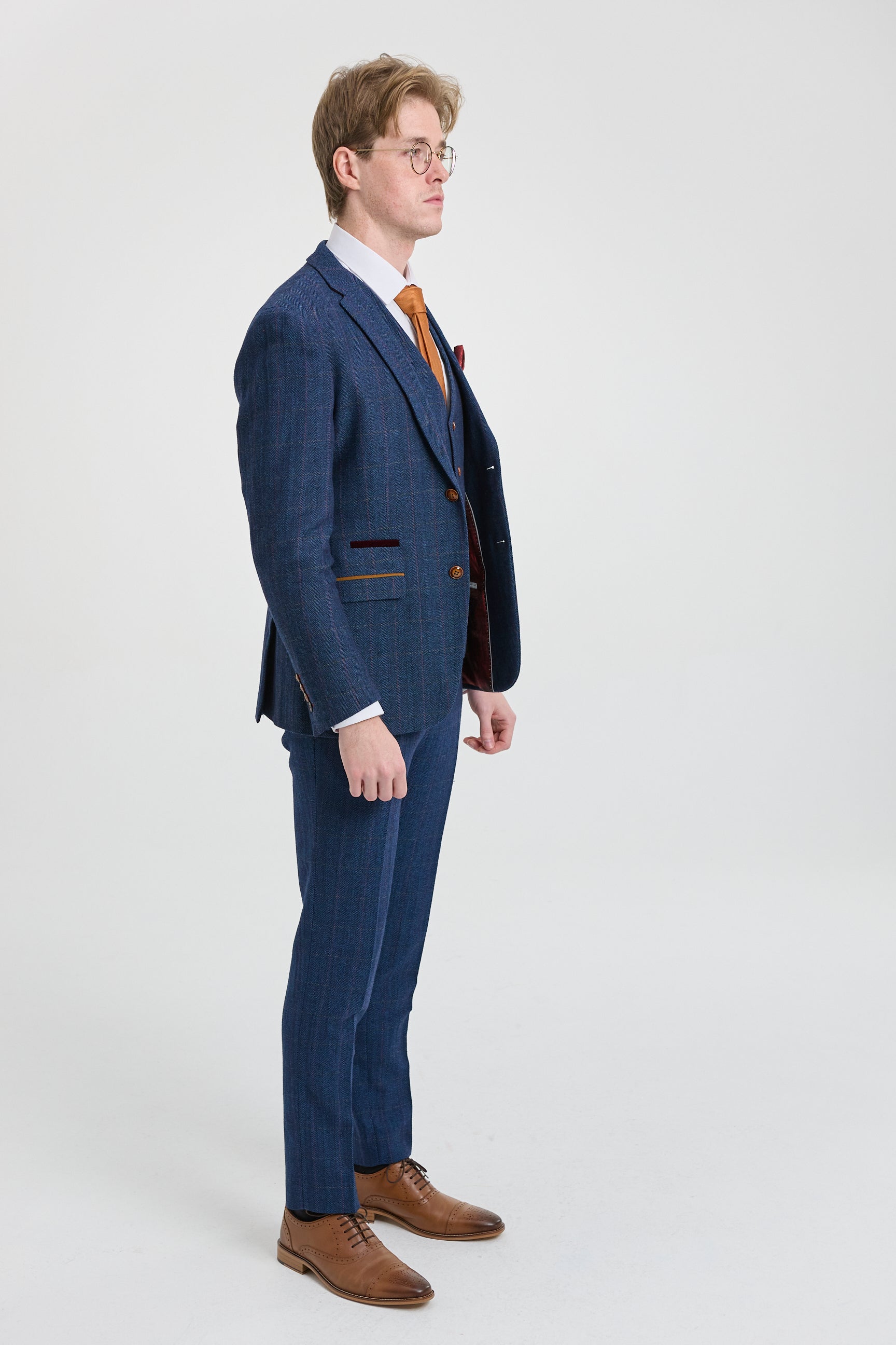 Scott Men's Blue 3-Piece Tweed Check Suit