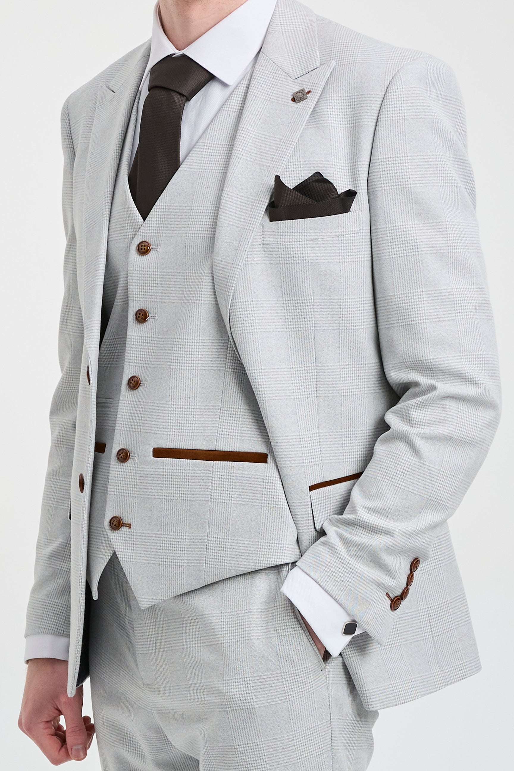 Mark Men's Grey Stone 3-Piece Tweed Check Suit with Brown Trim for Weddings and Proms