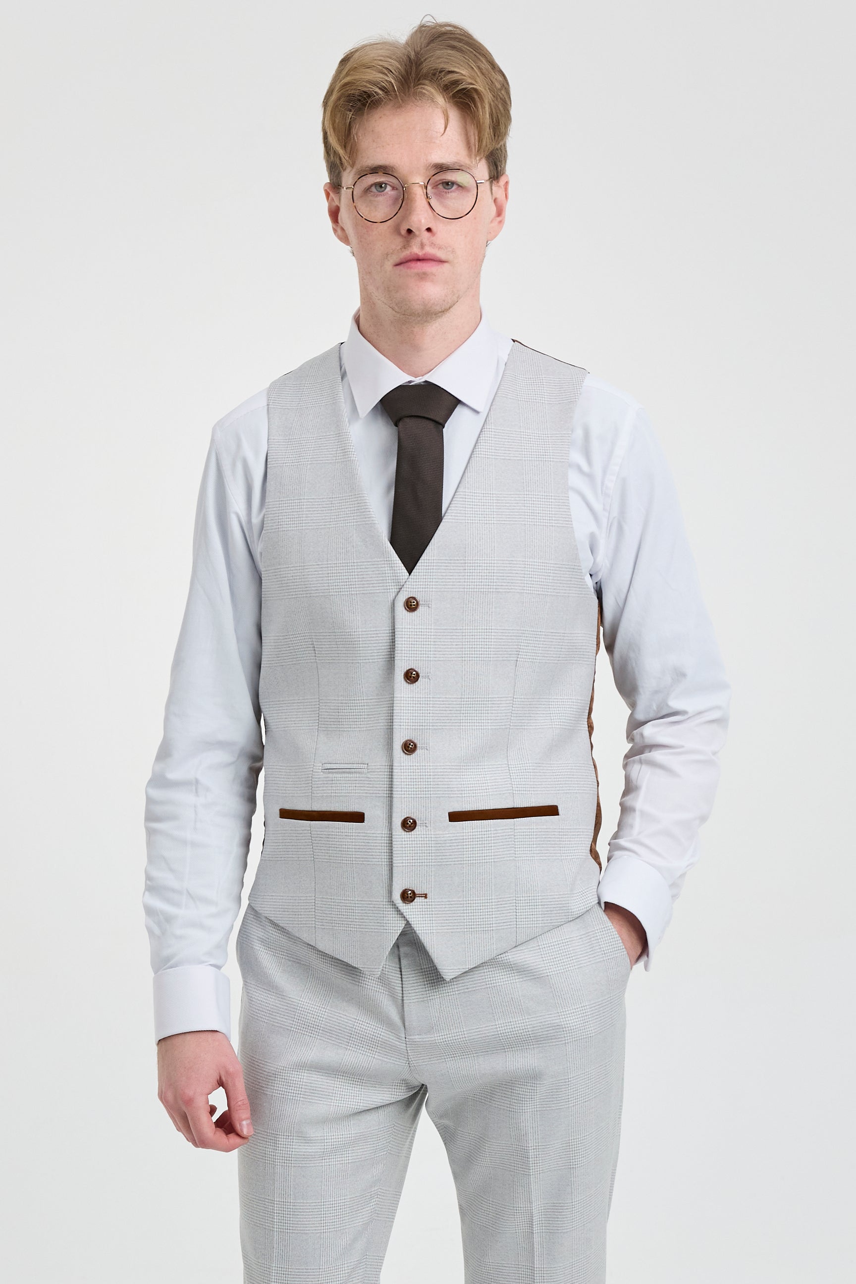 Mark Men's Grey Stone 3-Piece Tweed Check Suit with Brown Trim for Weddings and Proms