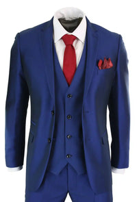 Mens 3 Piece Shiny Blue Wedding Prom Party Suit Tailored Fit Smart Formal