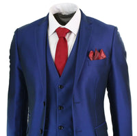 Mens 3 Piece Shiny Blue Wedding Prom Party Suit Tailored Fit Smart Formal