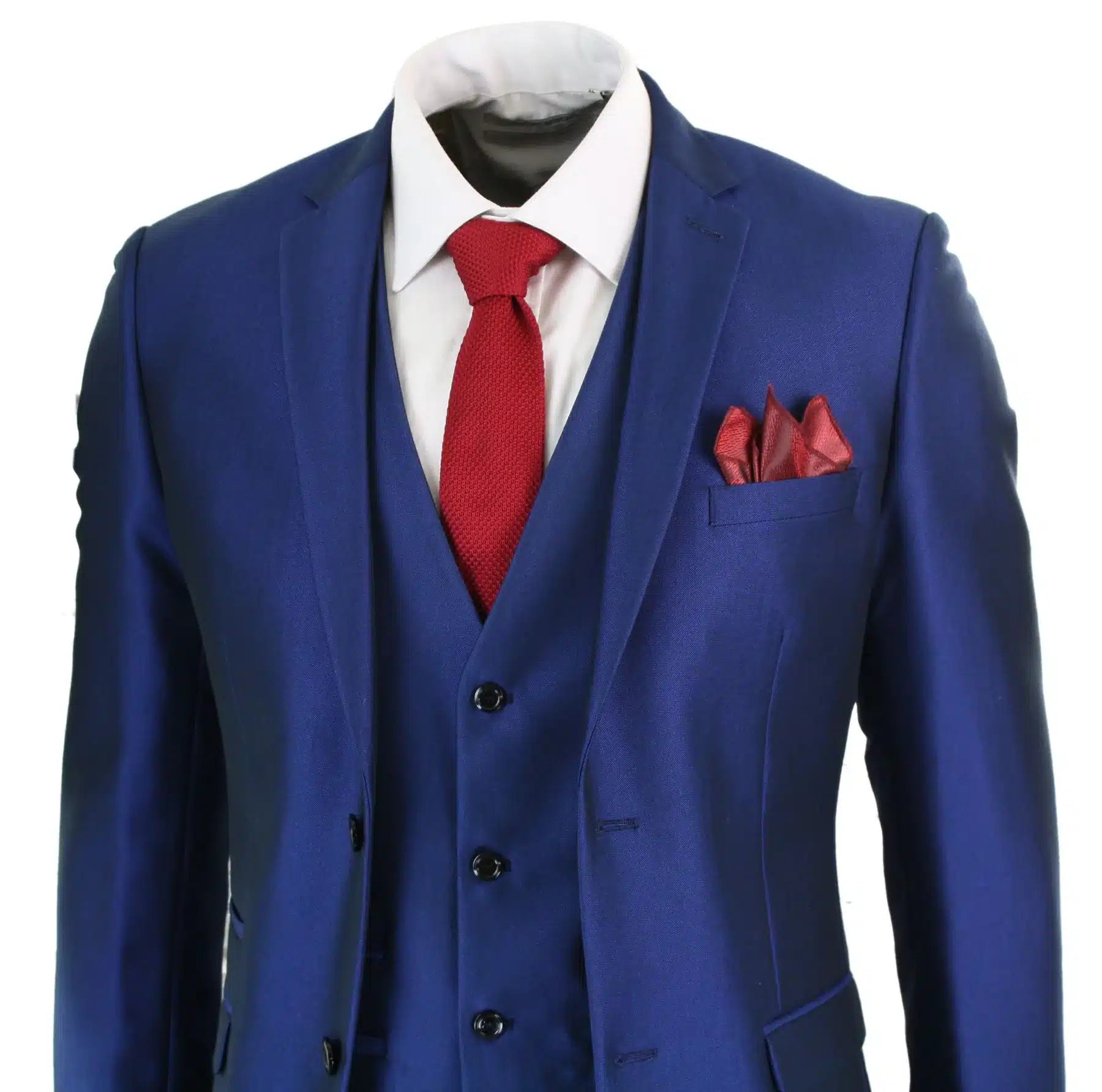 Mens 3 Piece Shiny Blue Wedding Prom Party Suit Tailored Fit Smart Formal