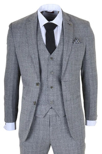 Gray checkered suit with a white shirt, black tie, and pocket square on a white background