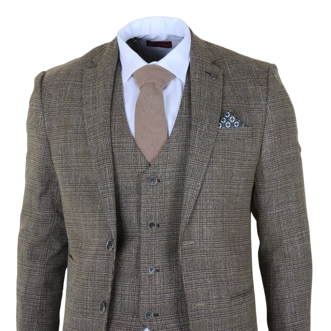 Men's Tan Brown Classic Check Slim Fit 3 Piece Suit