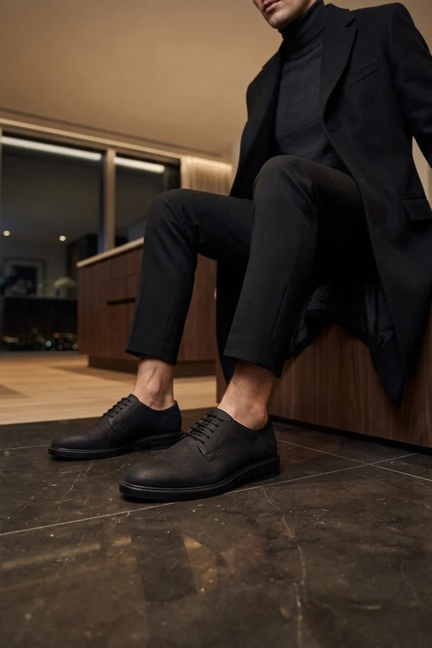 Pedro - Men's Black Suede Matte Finish Lace-Up Derby Shoes