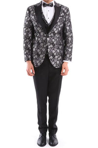 Mens Black Silver Paisley Tuxedo Suit 3 Piece Wedding Prom Party Grooms Tailored