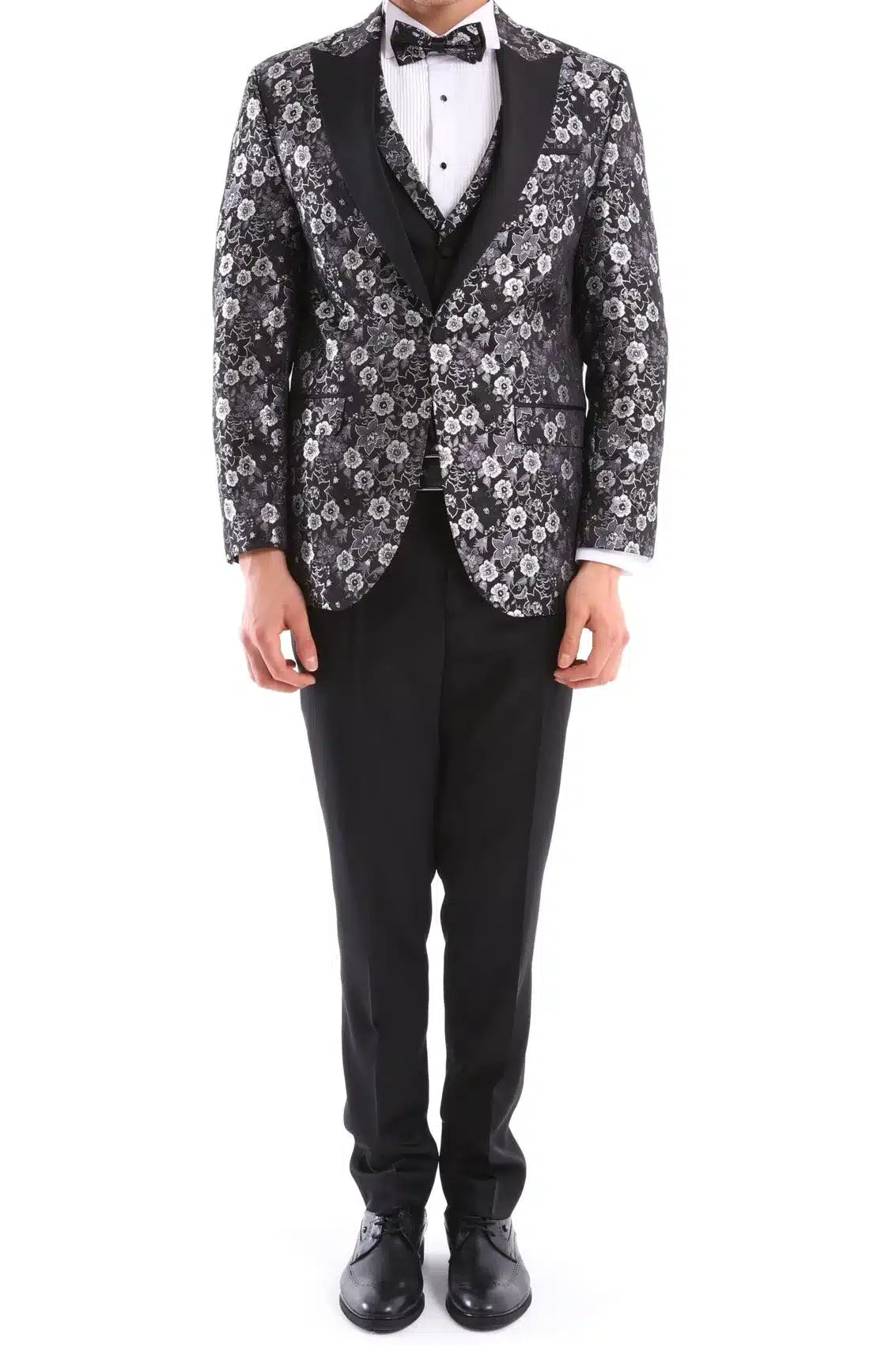 Mens Black Silver Paisley Tuxedo Suit 3 Piece Wedding Prom Party Grooms Tailored