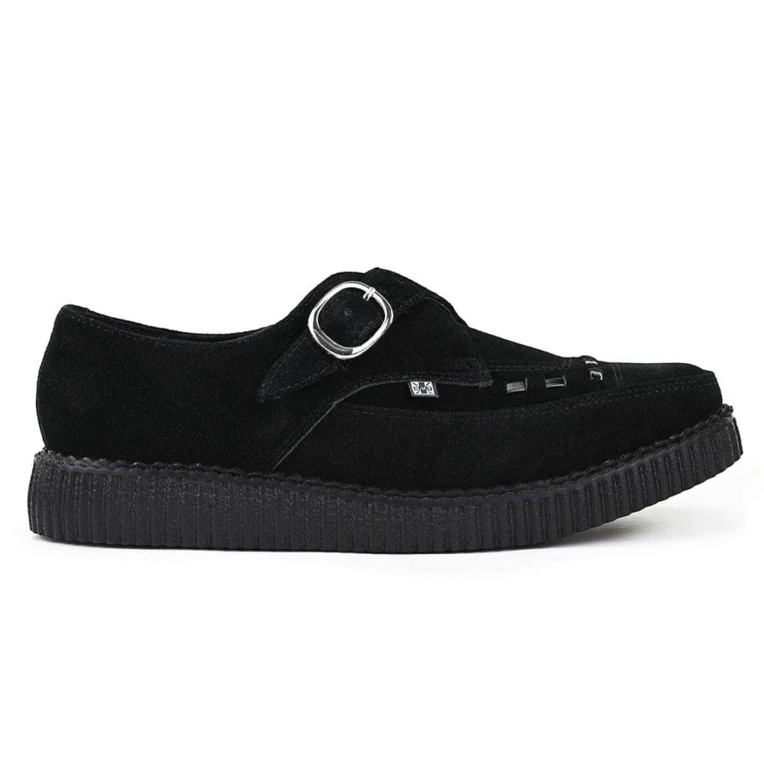 Pointed Creeper Black Suede Monk Buckle Platform Shoes