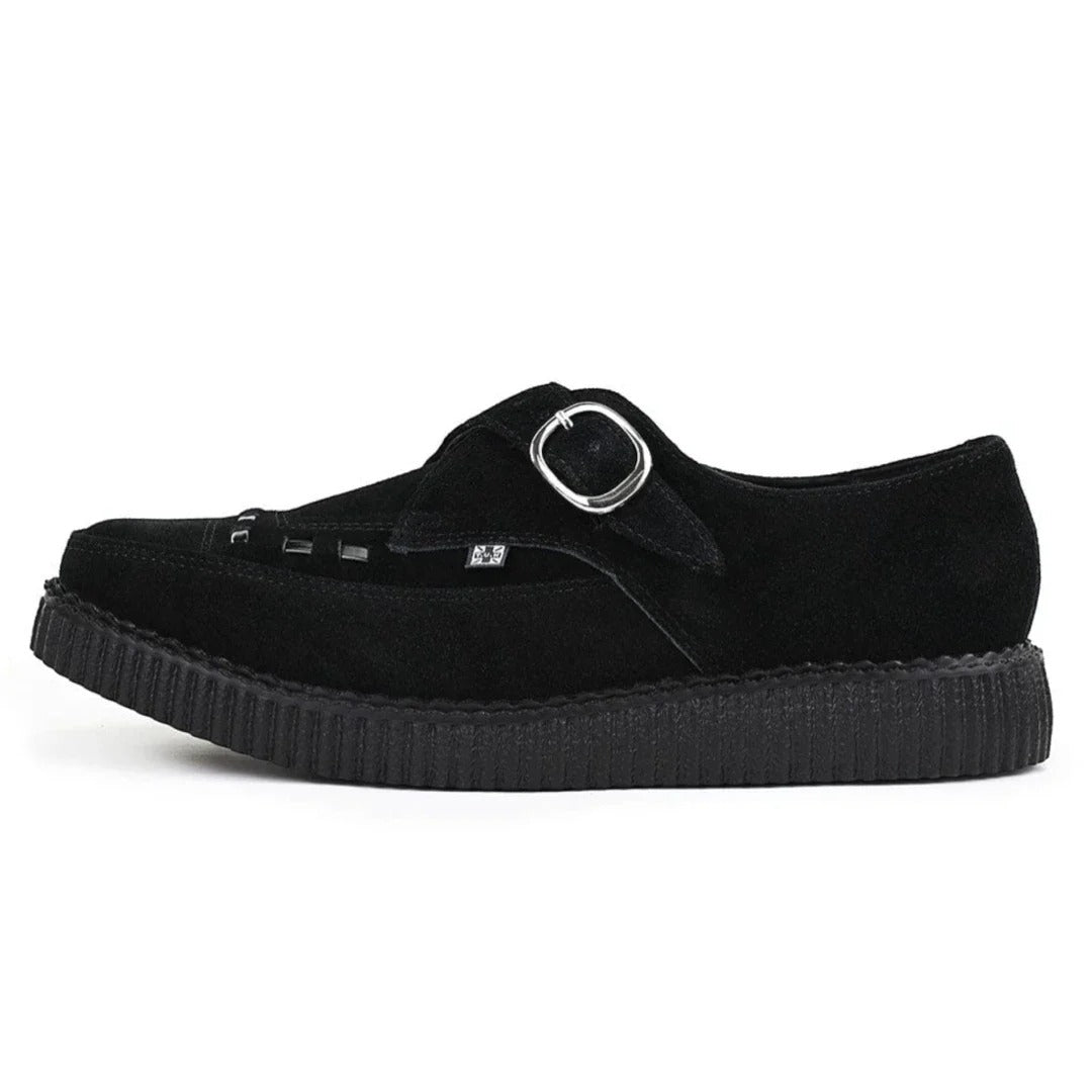 Pointed Creeper Black Suede Monk Buckle Platform Shoes