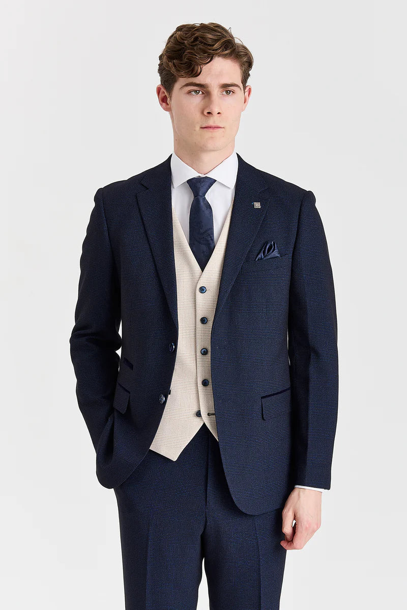 Regent Navy Check Suit with Constrasting Regent Cream Waistcoat