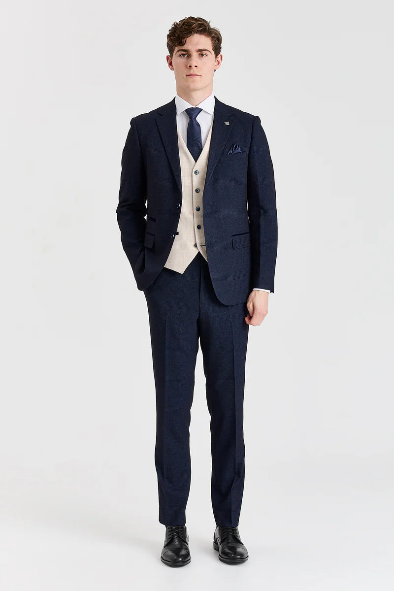 Regent Navy Check Suit with Constrasting Regent Cream Waistcoat