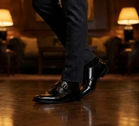 Romero - Men's Black Single Monk Strap Polished Shoes