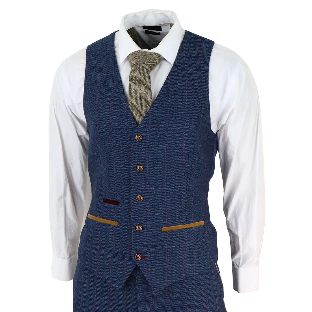 Scott Men's Blue 3-Piece Tweed Check Suit