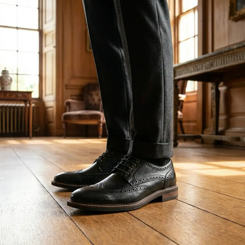 Stokes - Men's Black Leather Wingtip Brogue Lace-Up Shoes