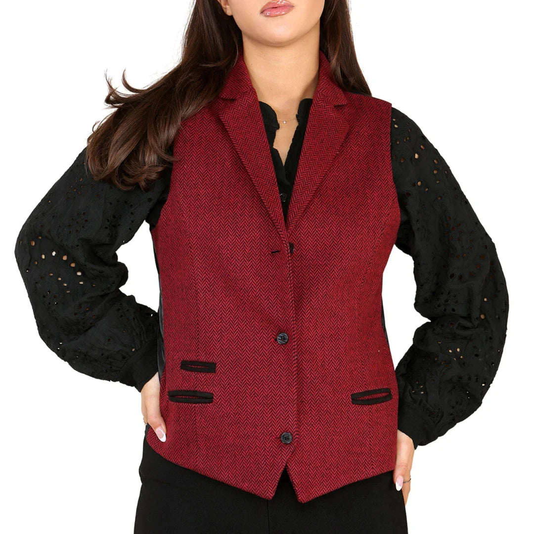 Women's Tweed Herringbone Waistcoat  Wine Red Classic 1920s