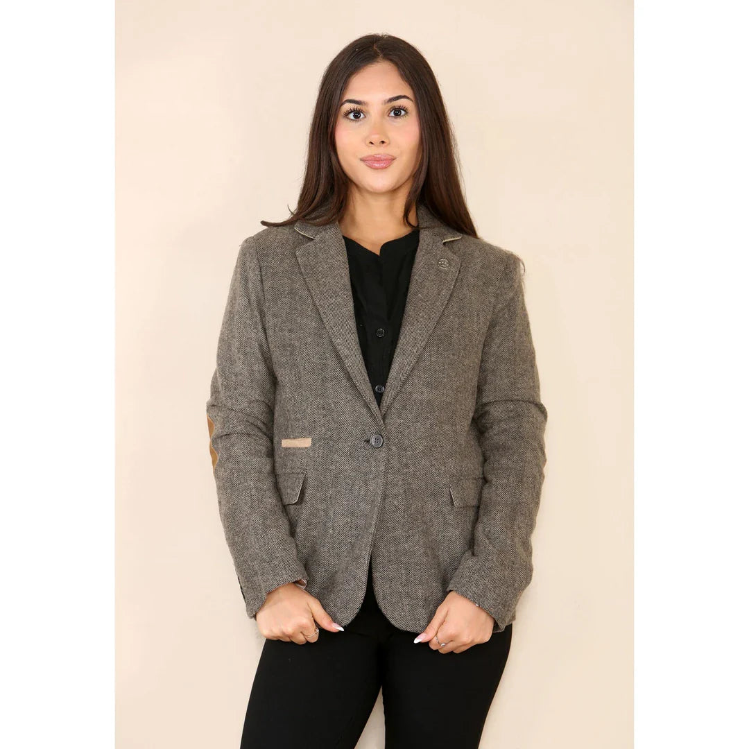 Women's Herringbone Tweed Blazer Oak Brown Classic Jacket