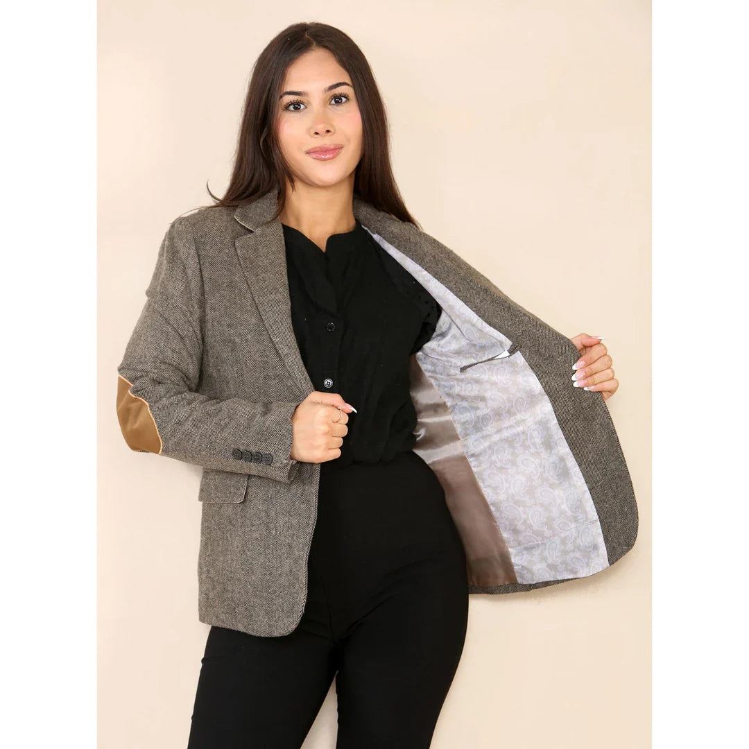 Women's Herringbone Tweed Blazer Oak Brown Classic Jacket