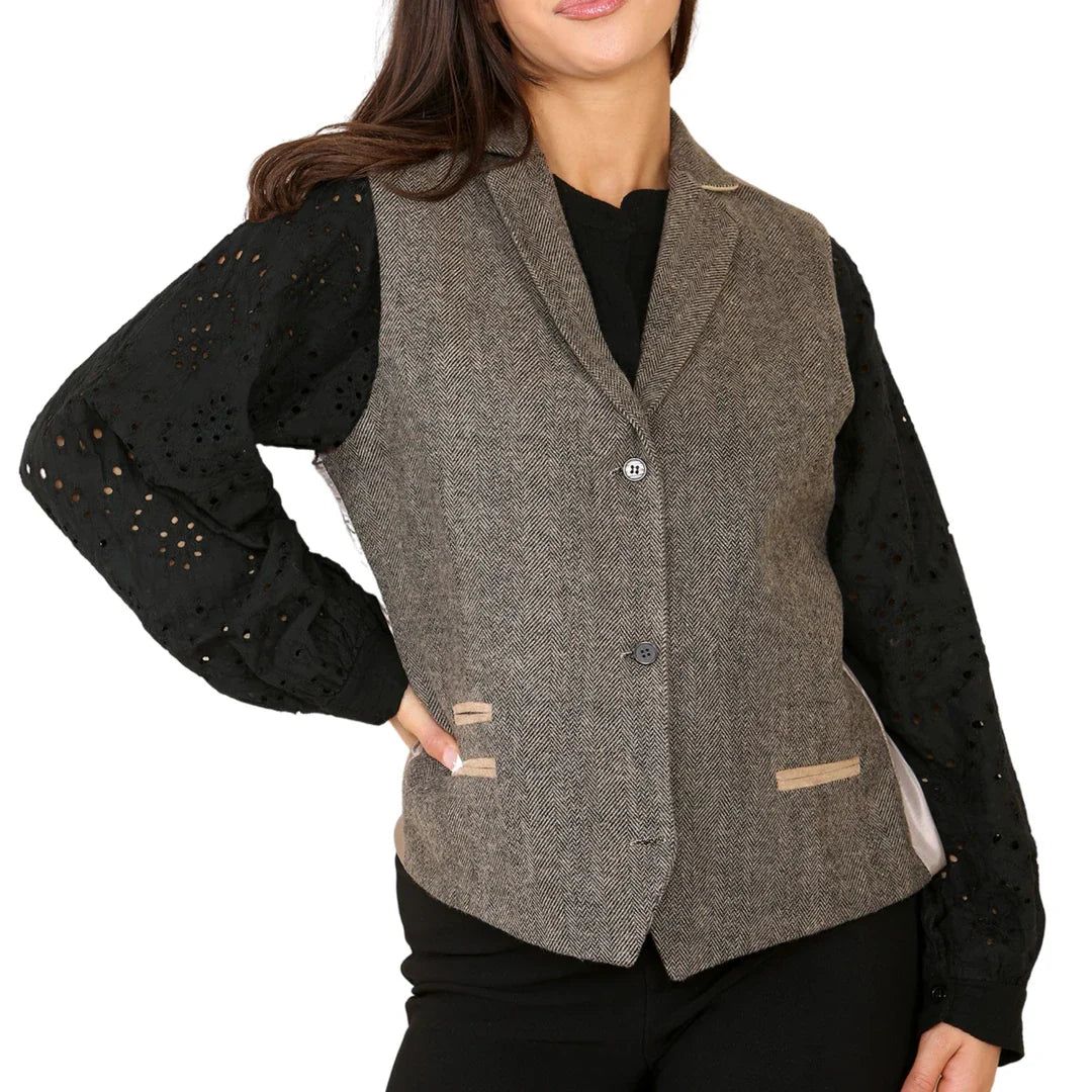 Women's Herringbone Tweed Waistcoat Oak Brown Classic