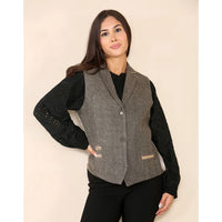 Women's Herringbone Tweed Waistcoat Oak Brown Classic