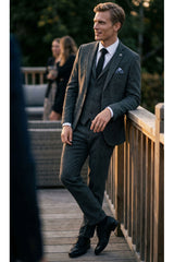 Men's Charcoal Grey 3 Piece Tweed Herringbone Suit - STZ11