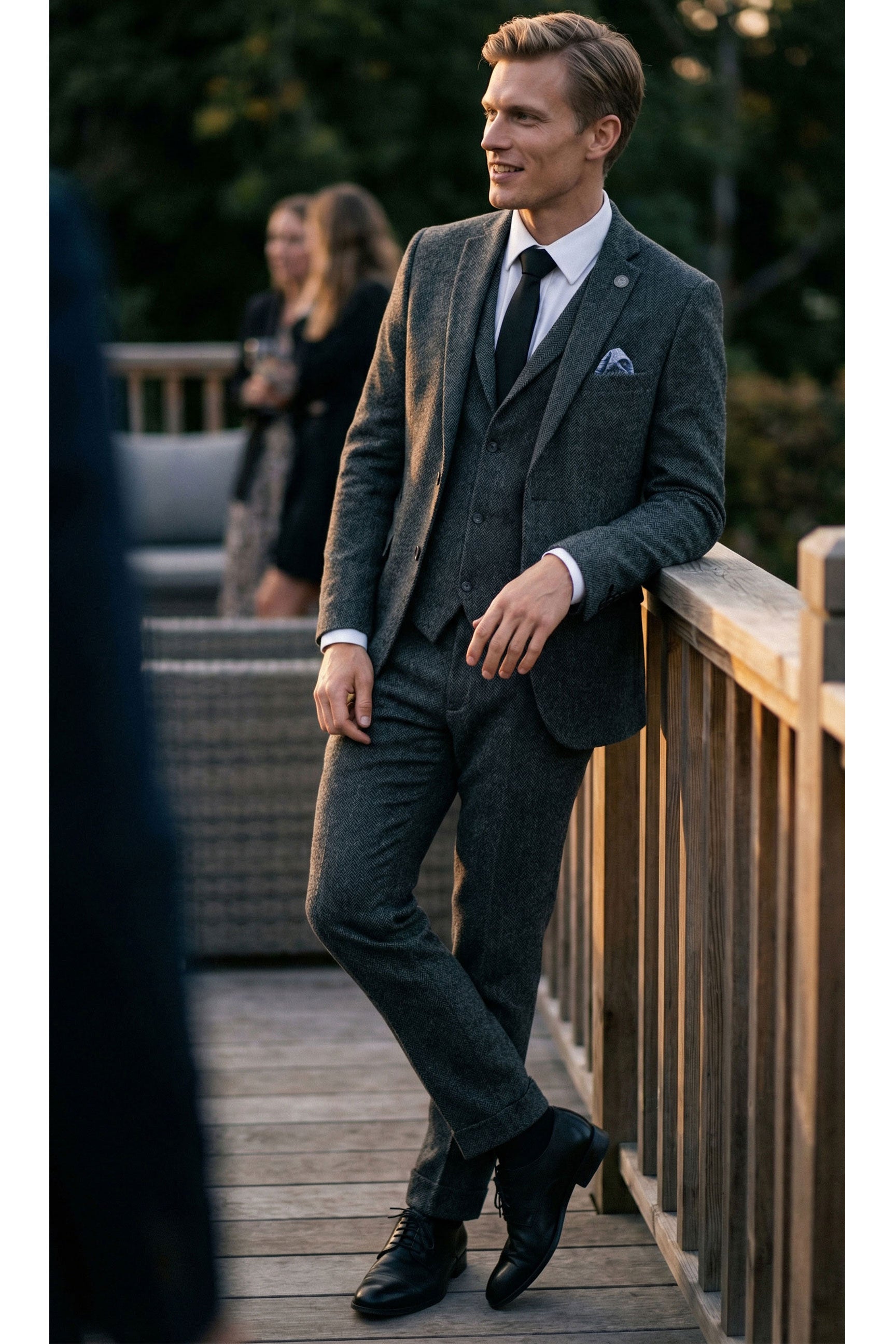 Men's Charcoal Grey 3 Piece Tweed Herringbone Suit - STZ11