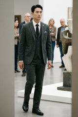 Men's Charcoal Grey 3 Piece Tweed Herringbone Suit - STZ11