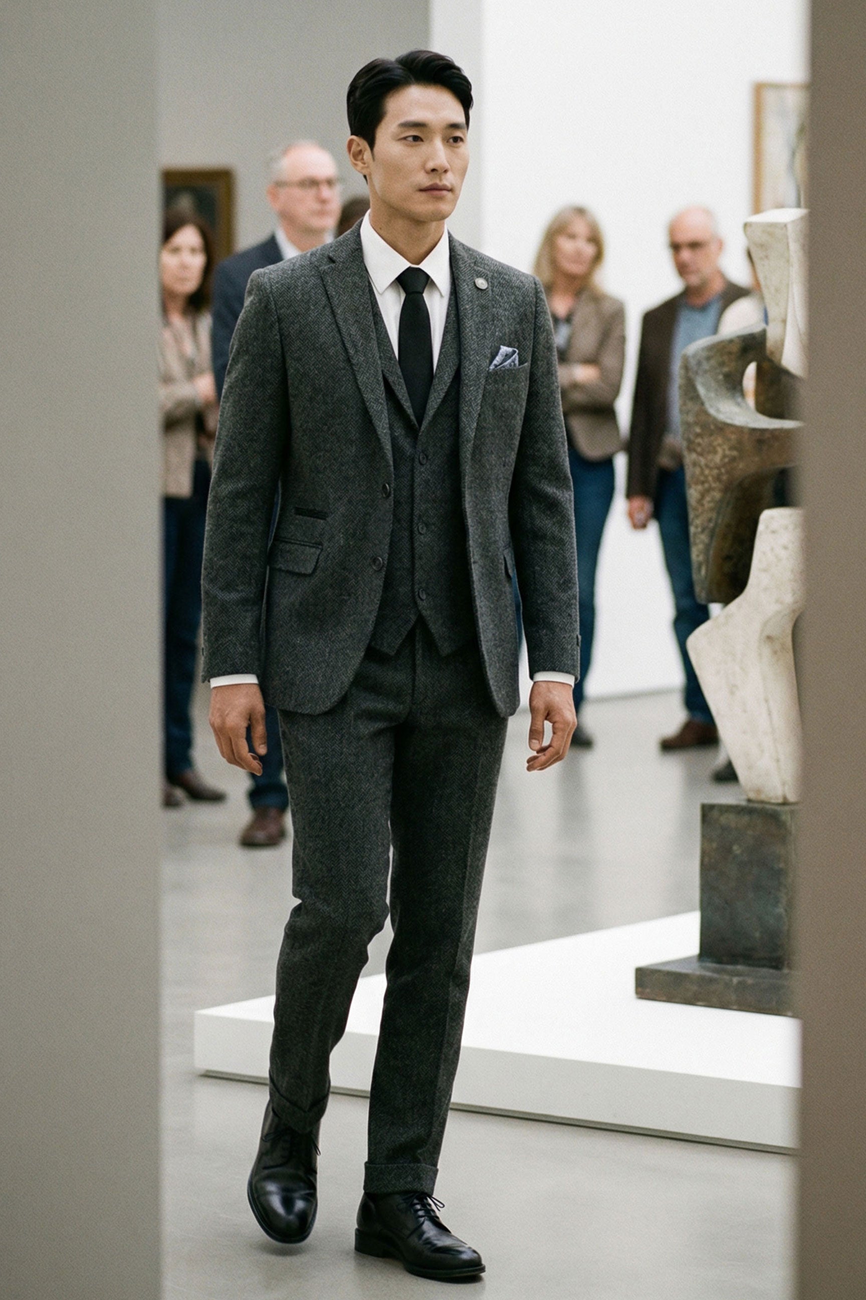 Men's Charcoal Grey 3 Piece Tweed Herringbone Suit - STZ11