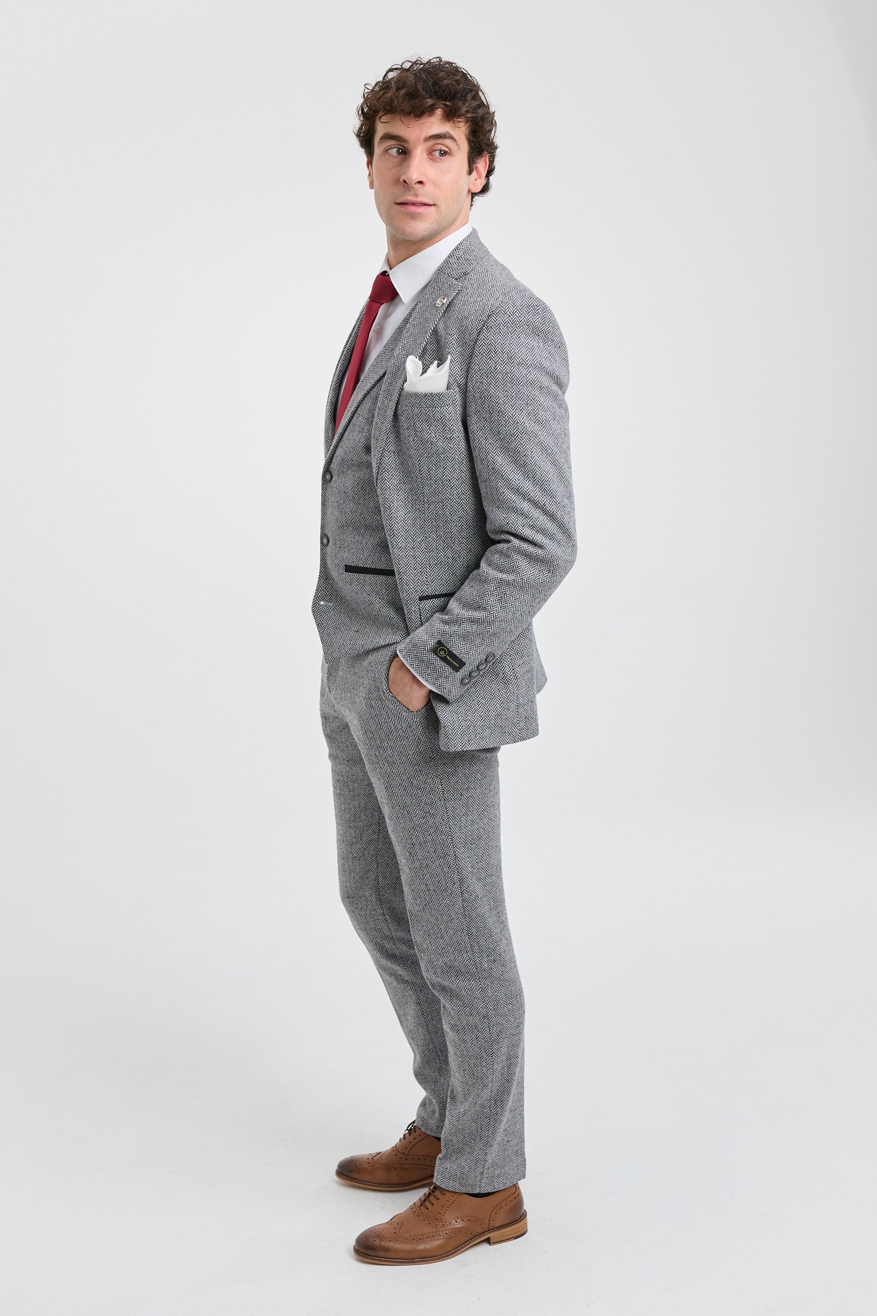 Men's Light Grey 3 Piece Tweed Herringbone Suit - STZ11