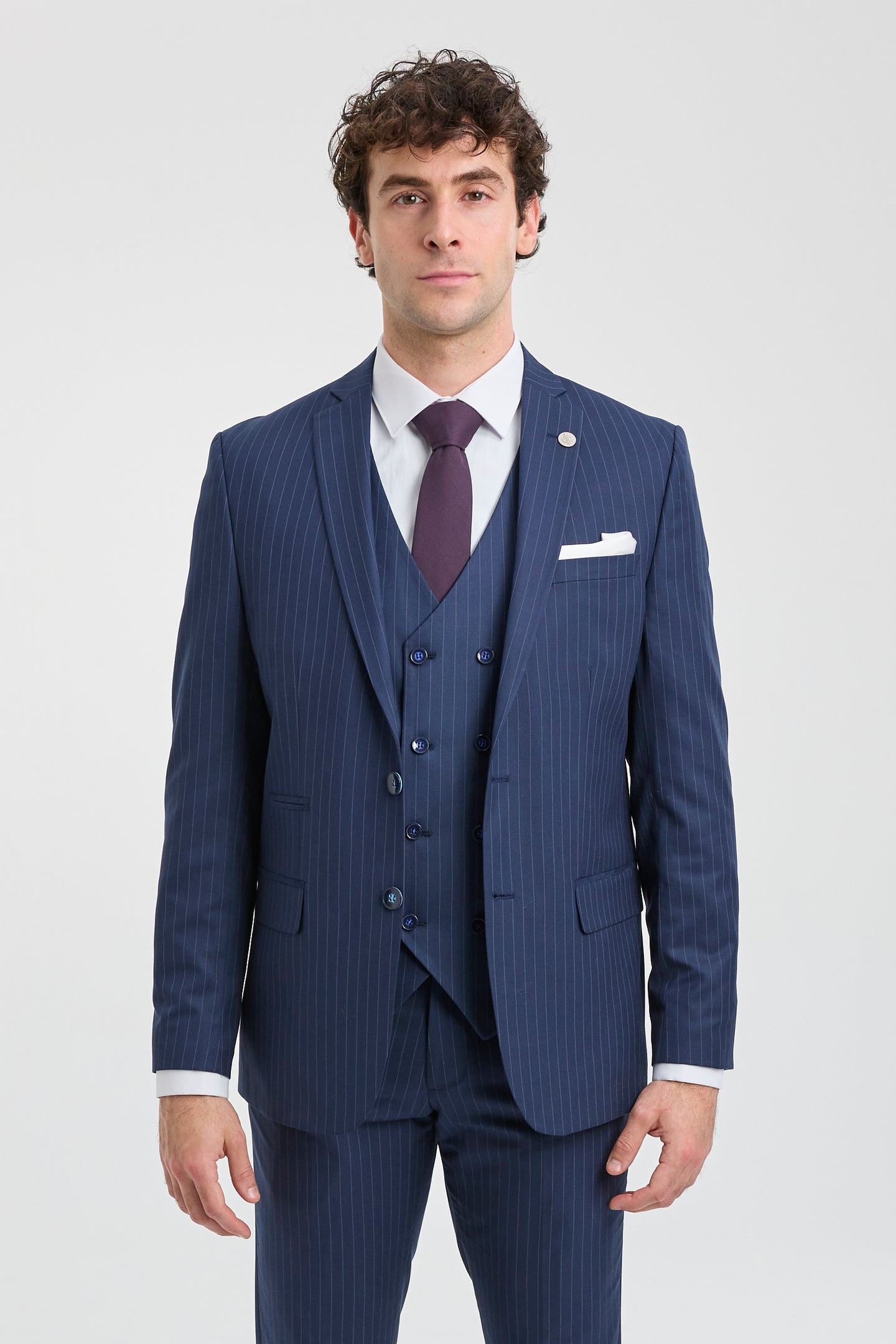 Mens 3 Piece Pinstripe Navy-Blue Suit