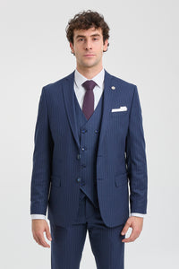 Mens 3 Piece Pinstripe Navy-Blue Suit