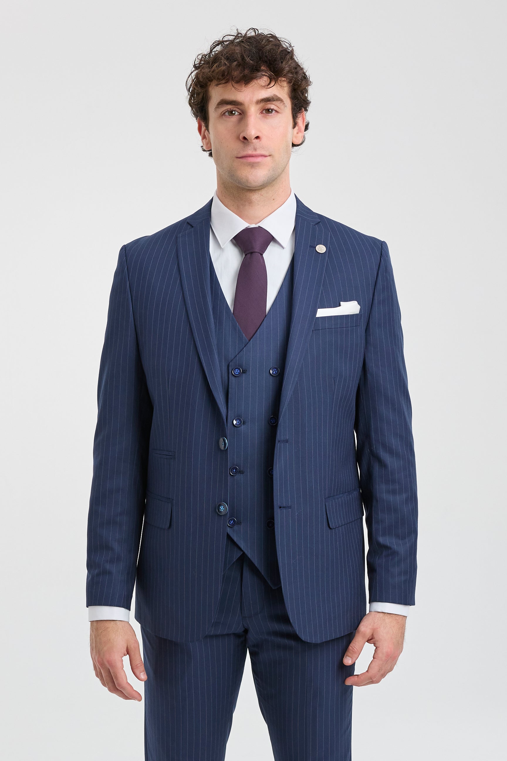 Mens 3 Piece Pinstripe Navy-Blue Suit