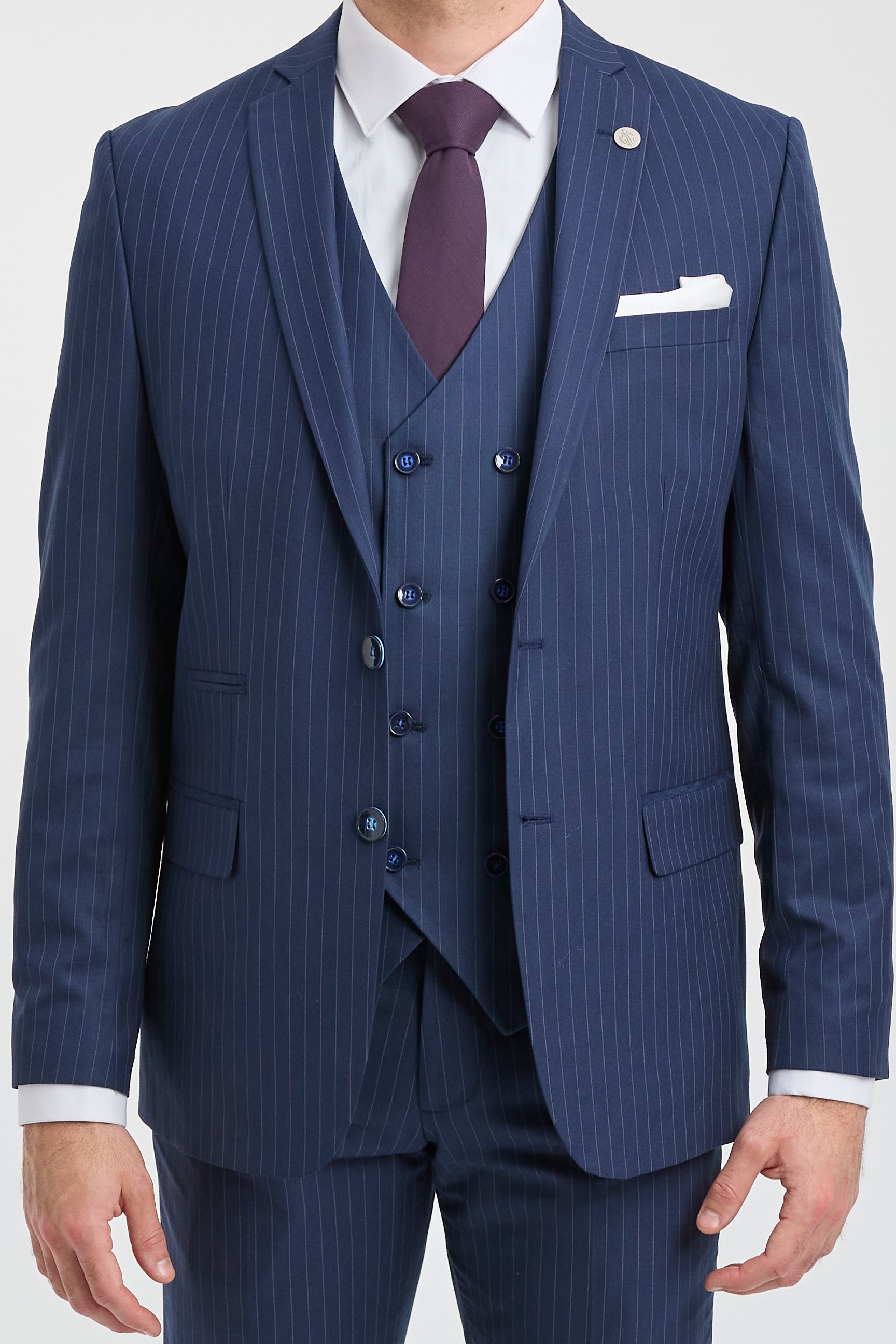 Mens 3 Piece Pinstripe Navy-Blue Suit: Buy Online - Happy Gentleman
