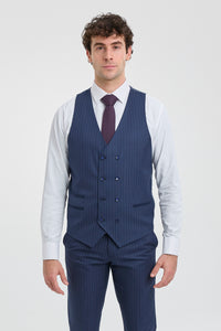 Mens 3 Piece Pinstripe Navy-Blue Suit