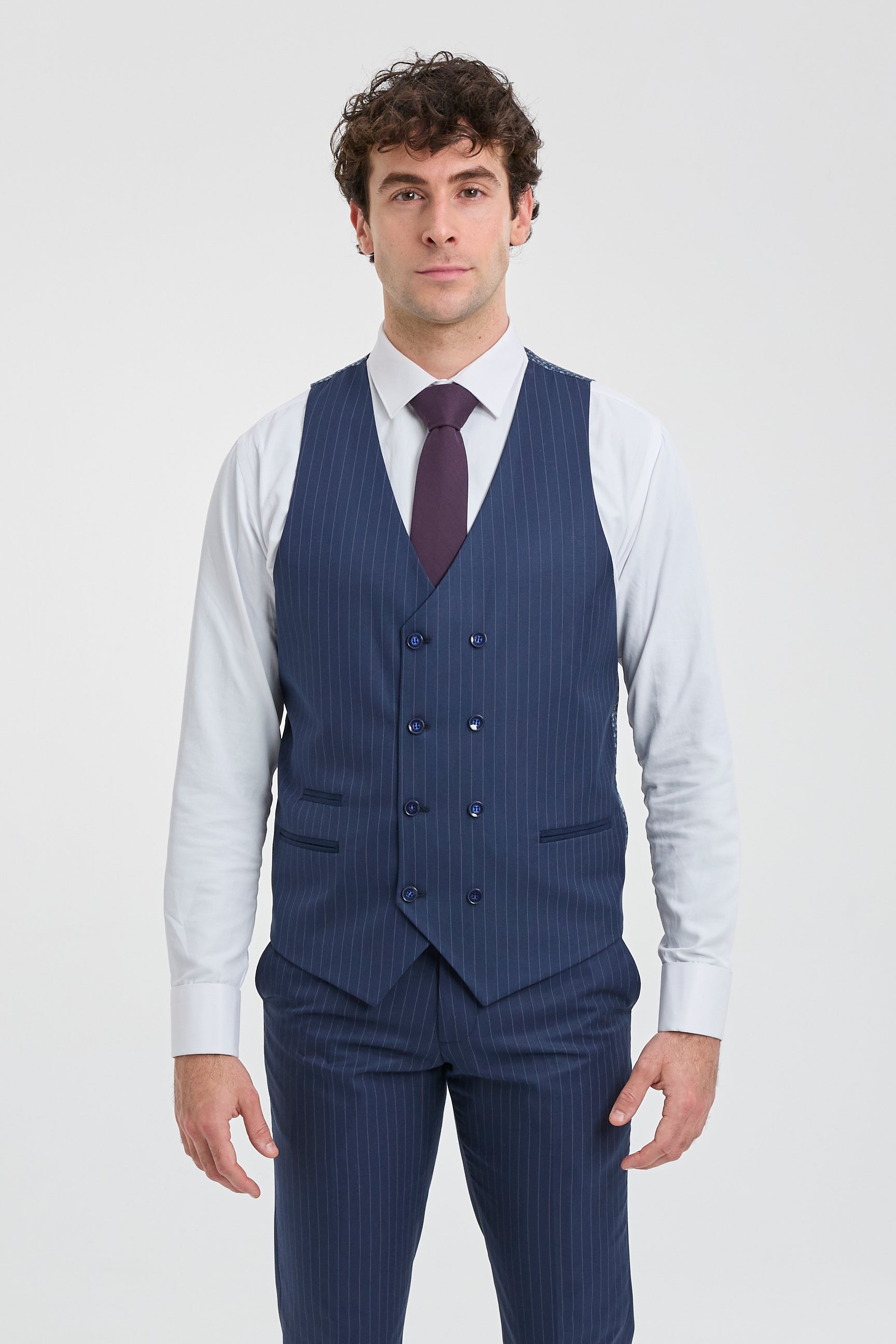 Mens 3 Piece Pinstripe Navy-Blue Suit