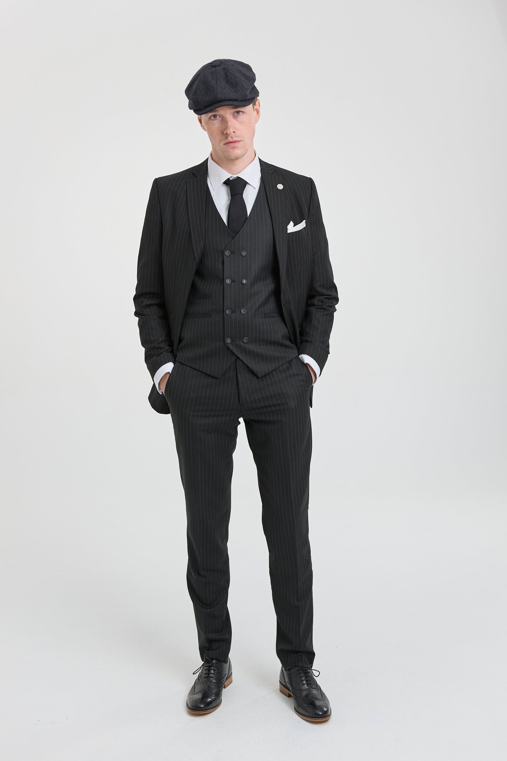 Mens  Black 3 Piece Pinstripe Suit