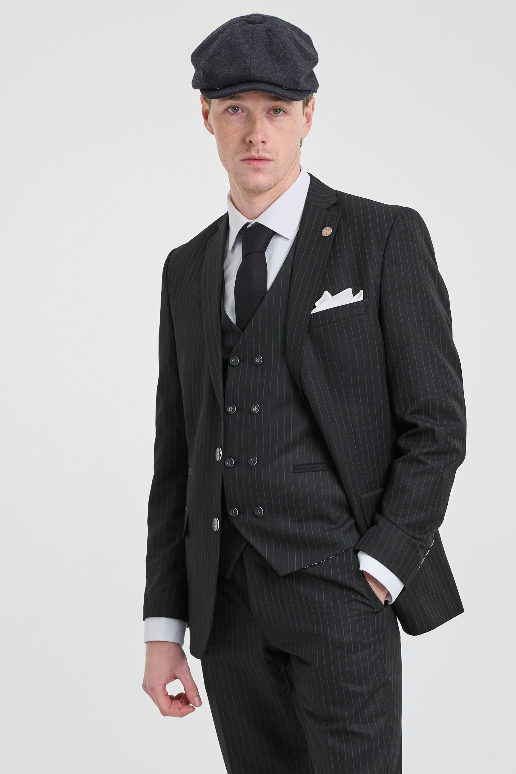 Mens  Black 3 Piece Pinstripe Suit