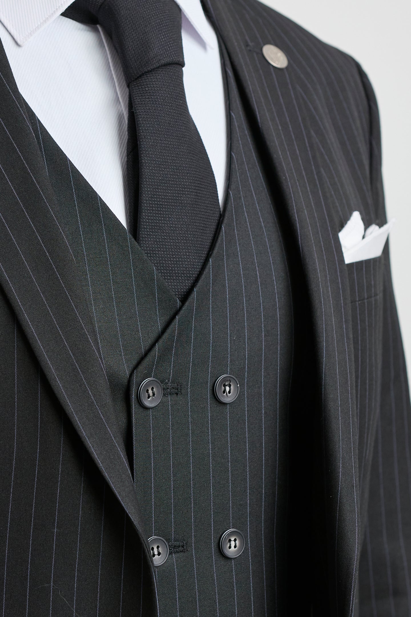 Mens  Black 3 Piece Pinstripe Suit