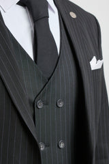 Mens  Black 3 Piece Pinstripe Suit