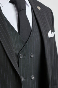 Mens  Black 3 Piece Pinstripe Suit