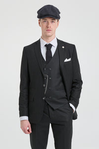 Mens  Black 3 Piece Pinstripe Suit