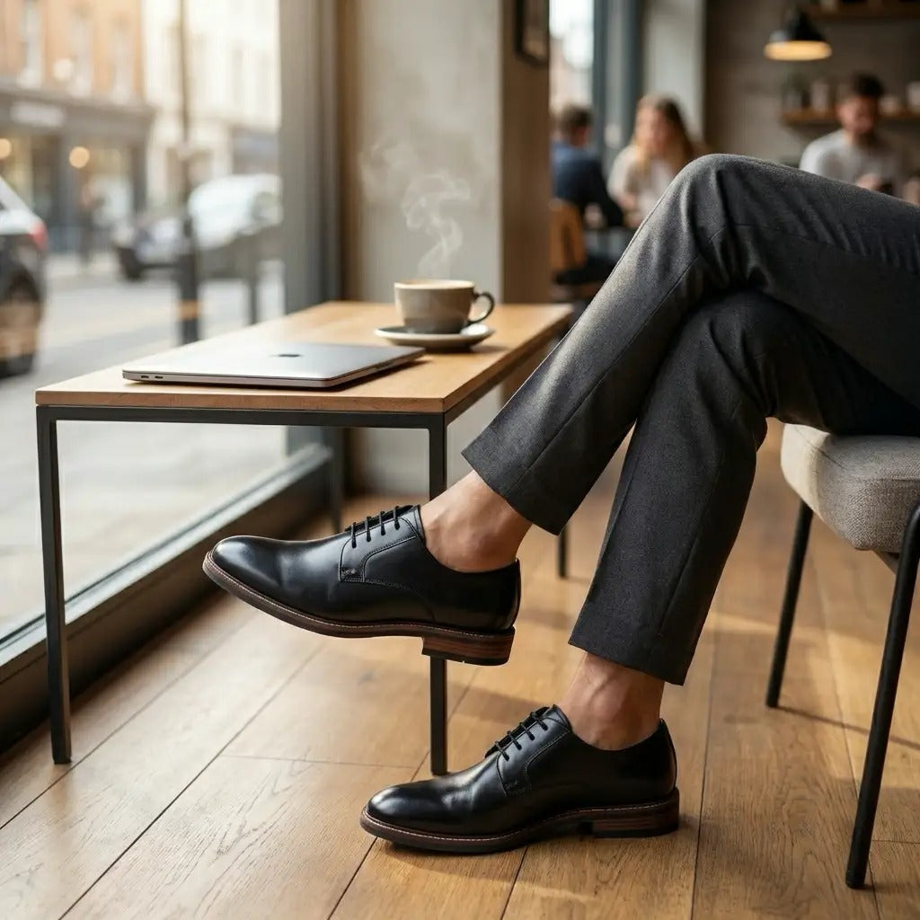 Tanner - Men's Black Leather Plain Toe Derby Lace-Up Shoes