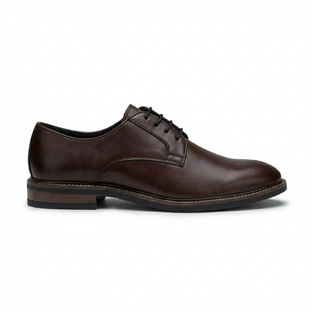 Tanner - Men's Brown Leather Plain Toe Derby Lace-Up Shoes