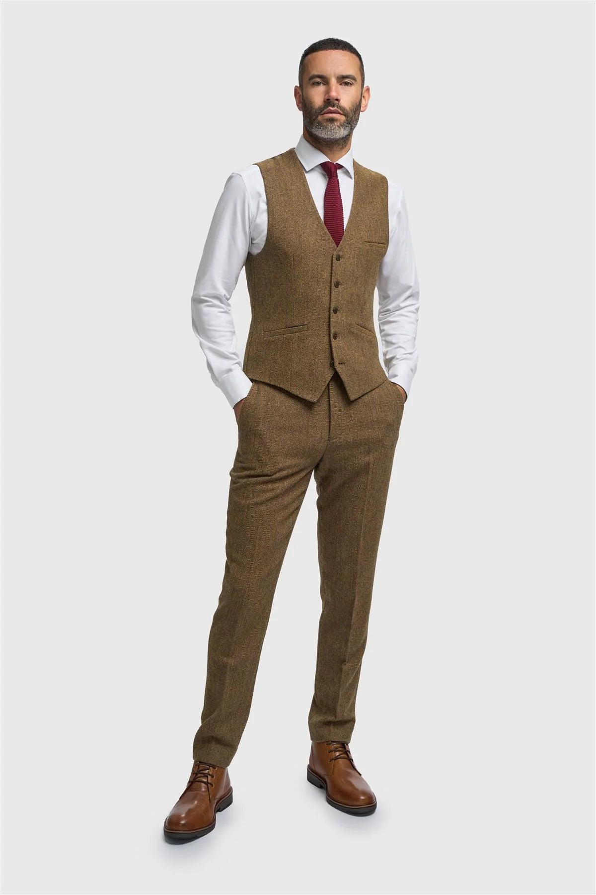 Thomas - Men's Brown Wool Blend Herringbone Tweed Waistcoat