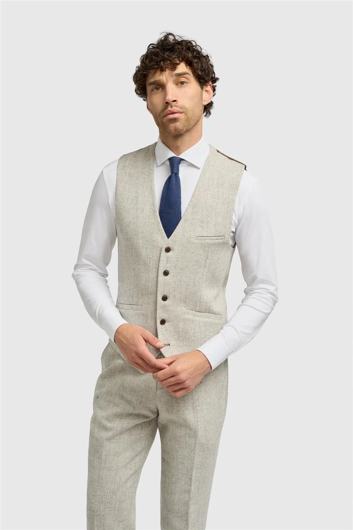 Thomas - Men's Grey Wool Blend Herringbone Tweed Waistcoat